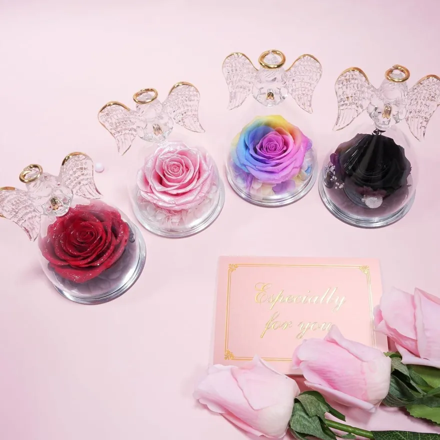 Sunia Ewige Rose Engel Figur Geschenk Mama Muttertag Handgefertigt Glaskuppel