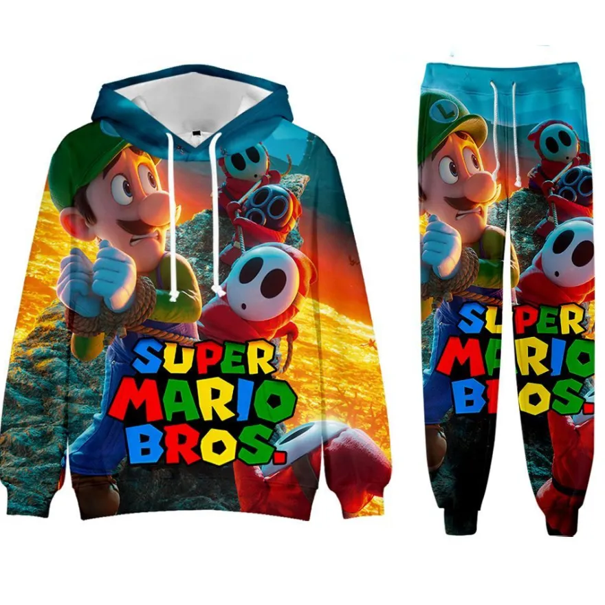 Super Mario Bros 2er Set Sportanzug Luigi Peach Toad Hoodie Hose Pullover Leggings