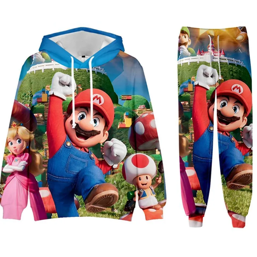 Super Mario Bros 2er Set Sportanzug Luigi Peach Toad Hoodie Hose Pullover Leggings