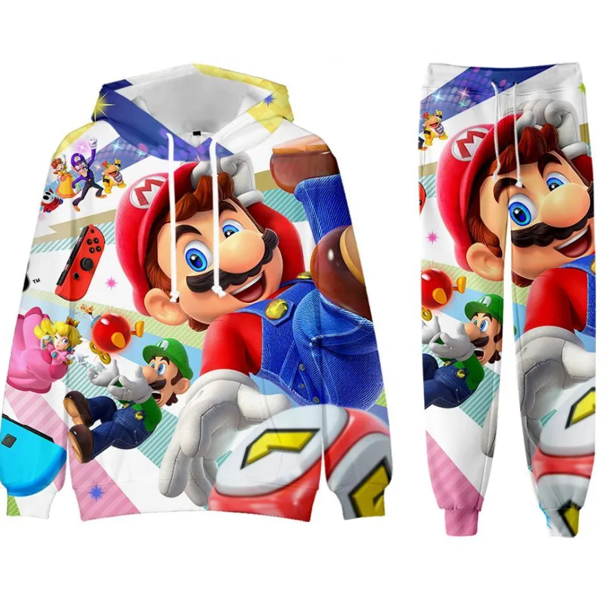 Super Mario Bros 2er Set Sportanzug Luigi Peach Toad Hoodie Hose Pullover Leggings
