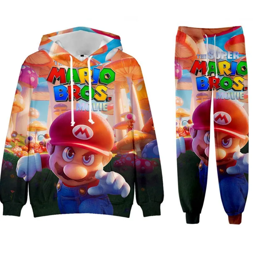 Super Mario Bros 2er Set Sportanzug Luigi Peach Toad Hoodie Hose Pullover Leggings