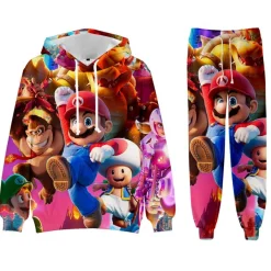 Super Mario Bros 2er Set Sportanzug Luigi Peach Toad Hoodie Hose Pullover Leggings