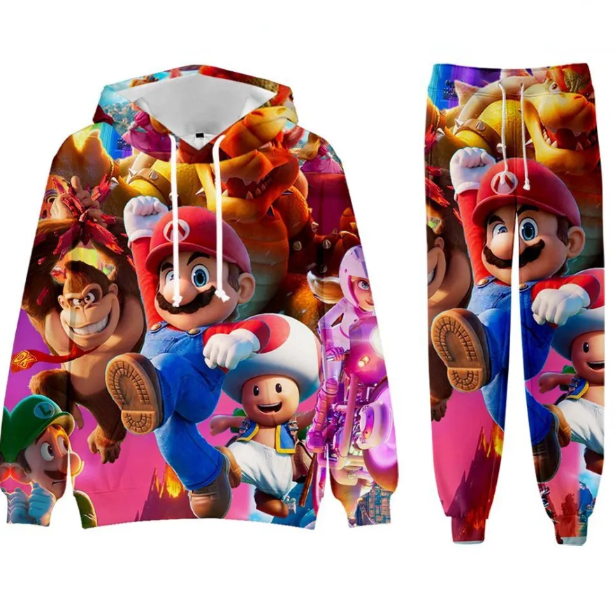 Super Mario Bros 2er Set Sportanzug Luigi Peach Toad Hoodie Hose Pullover Leggings