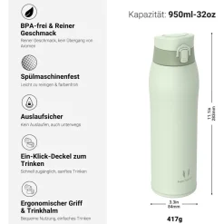 Super Sparrow Edelstahl Trinkflasche Thermosflasche 950ml M Hellgrün