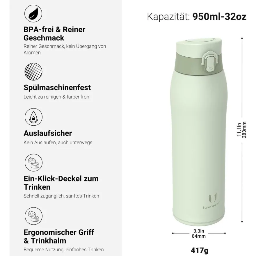 Super Sparrow Edelstahl Trinkflasche Thermosflasche 950ml M Hellgrün