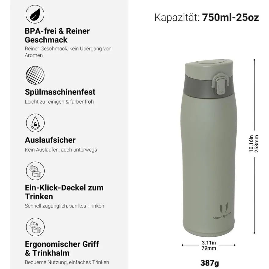Super Sparrow Edelstahl Trinkflasche - 750 ml Wüstengrün - Thermosflasche mit 2