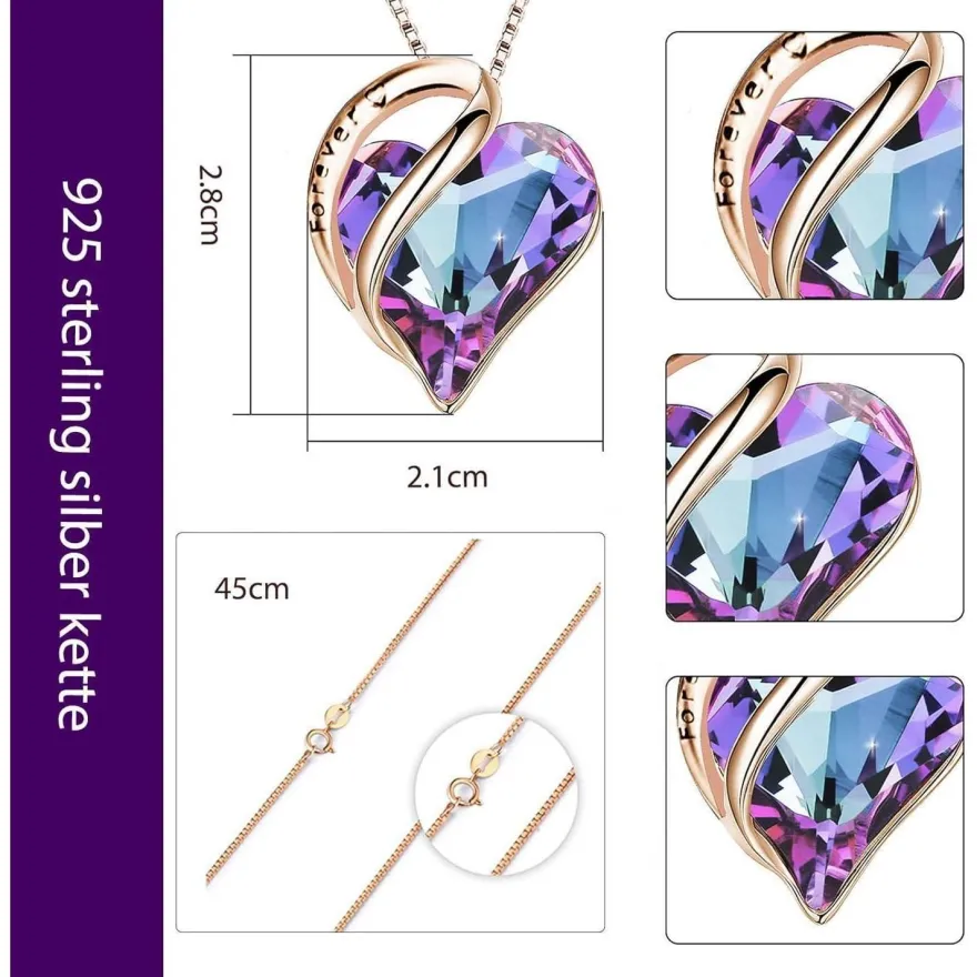 Sweetime 925 Silberkette Damen mit herzförmigem Amethyst Kristallanhänger