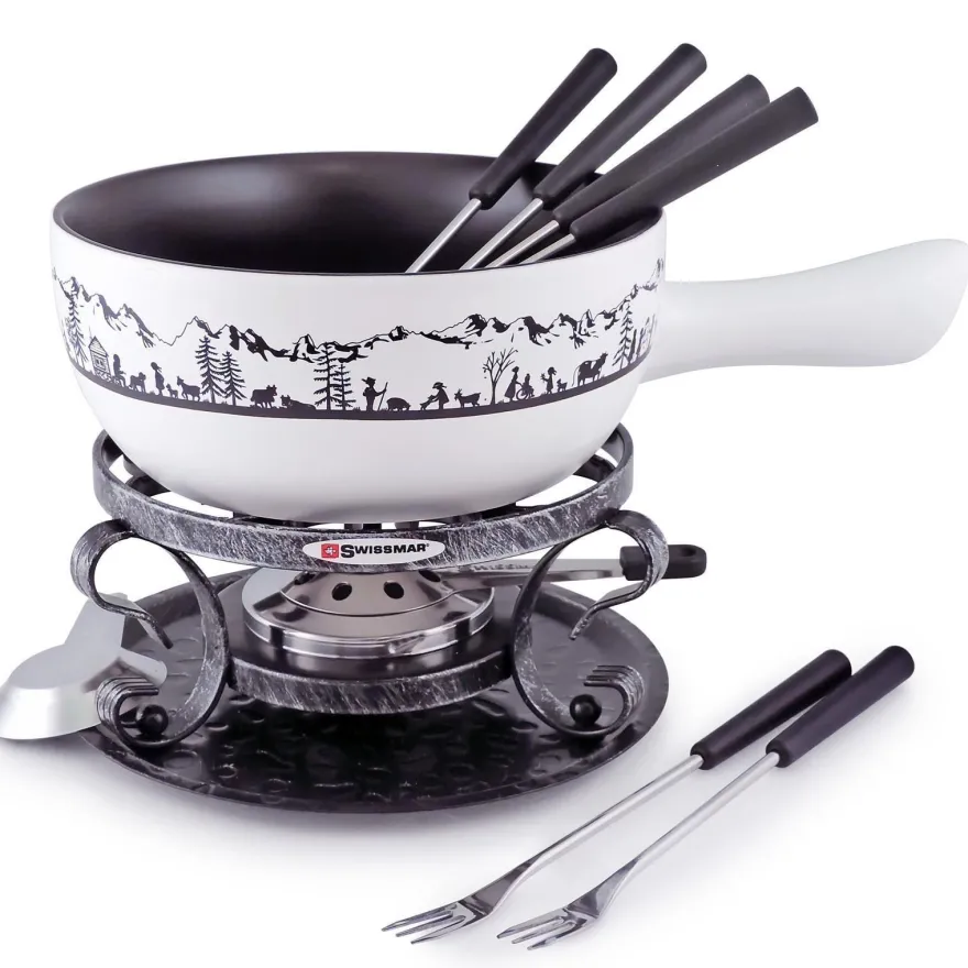 Swissmar Käsefondue Set 9-tlg. Keramik weiss Fondue Topf Ø 23 cm für 6 Personen