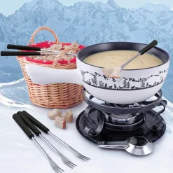 Swissmar Käsefondue Set 9-tlg. Keramik weiss Fondue Topf Ø 23 cm für 6 Personen