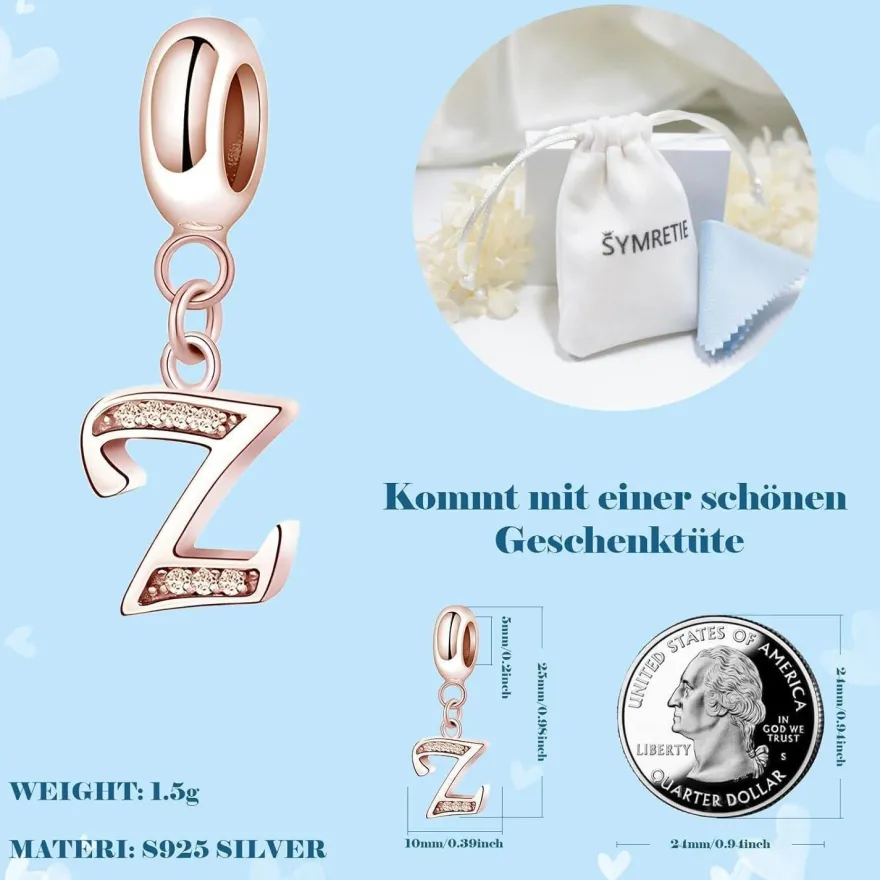 Symretie Damen Rose Gold Buchstabe Charm Anhänger A-Z, kompatibel mit