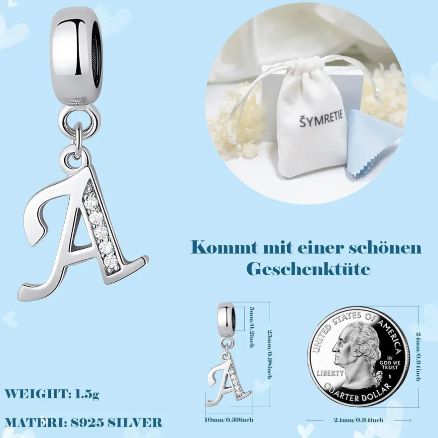 Symretie Damen 925 Sterling Silber Initial Buchstabe Charm Anhänger für