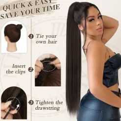 Synthetik Pferdeschwanz Verlängerung 76CM Schwarz Braun Damen Haar Clip