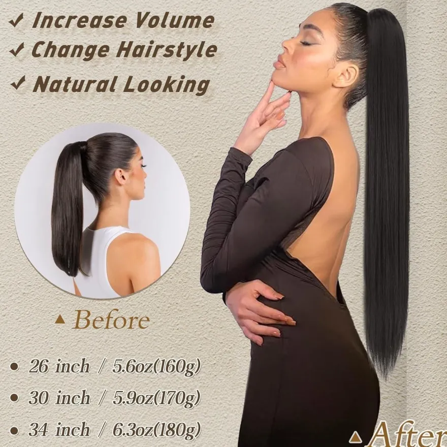 Synthetik Pferdeschwanz Verlängerung 76CM Schwarz Braun Damen Haar Clip