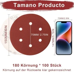 Sztaoip 100er Set Schleifpapier 150mm Klett, Körnung 180, 6 Loch für