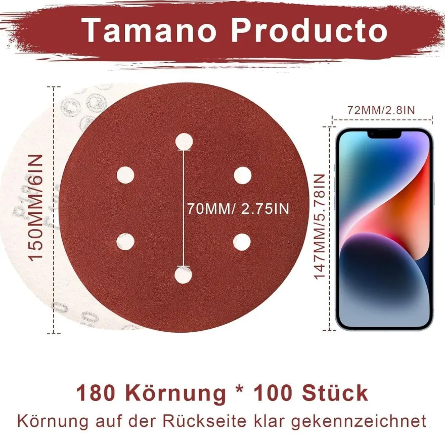 Sztaoip 100er Set Schleifpapier 150mm Klett, Körnung 180, 6 Loch für