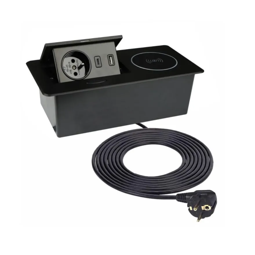 TecLines TES015B Einbau Steckdose mit USB A/C Charger, Qi, schwarz