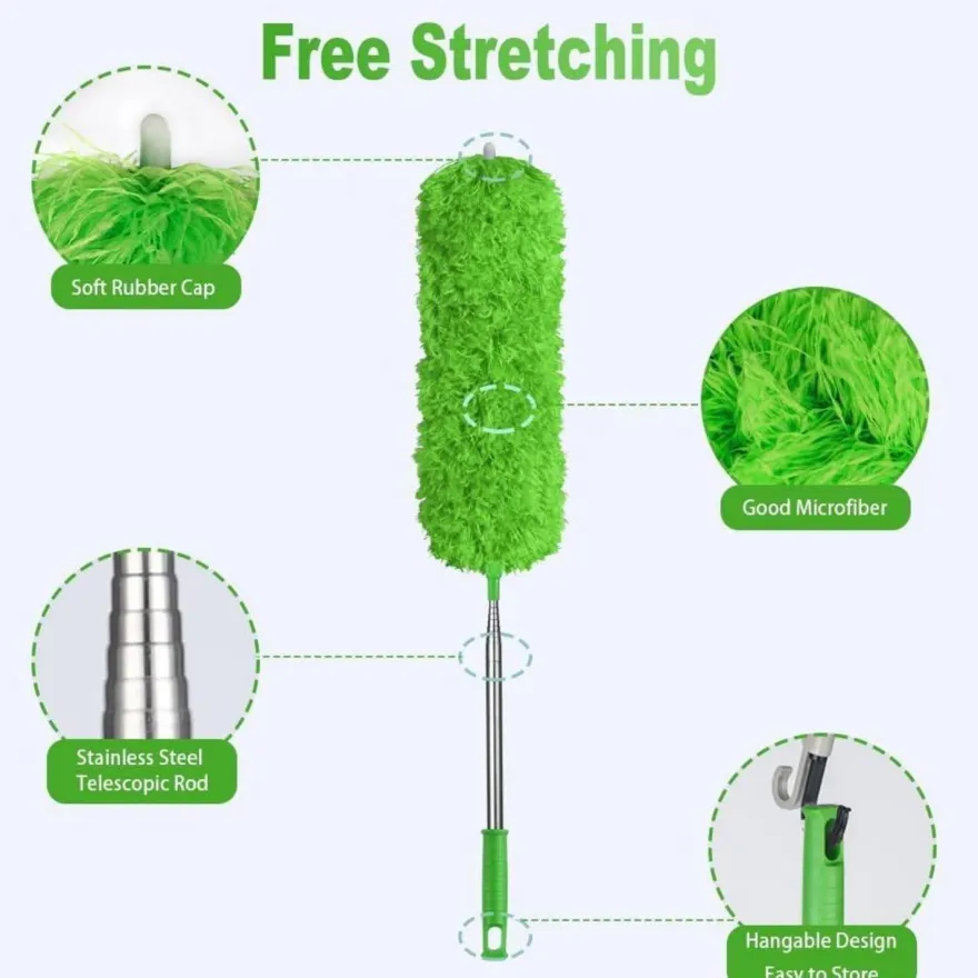 Teleskop Staubwedel Mikrofaser Waschbar Stange Ausziehbar 242 cm Grün