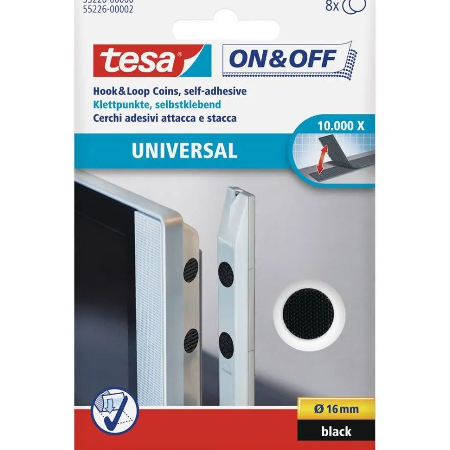 tesa On- und Off-Klettpunkte zum Aufkleben, 8er-Pack (Ø16mm), schwarz, schwarz