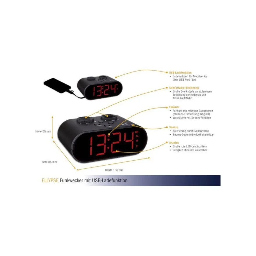 TFA - Digitaler Funk-Wecker mit USB-Ladefunktion Ellypse 60.2551.01 - schwarz