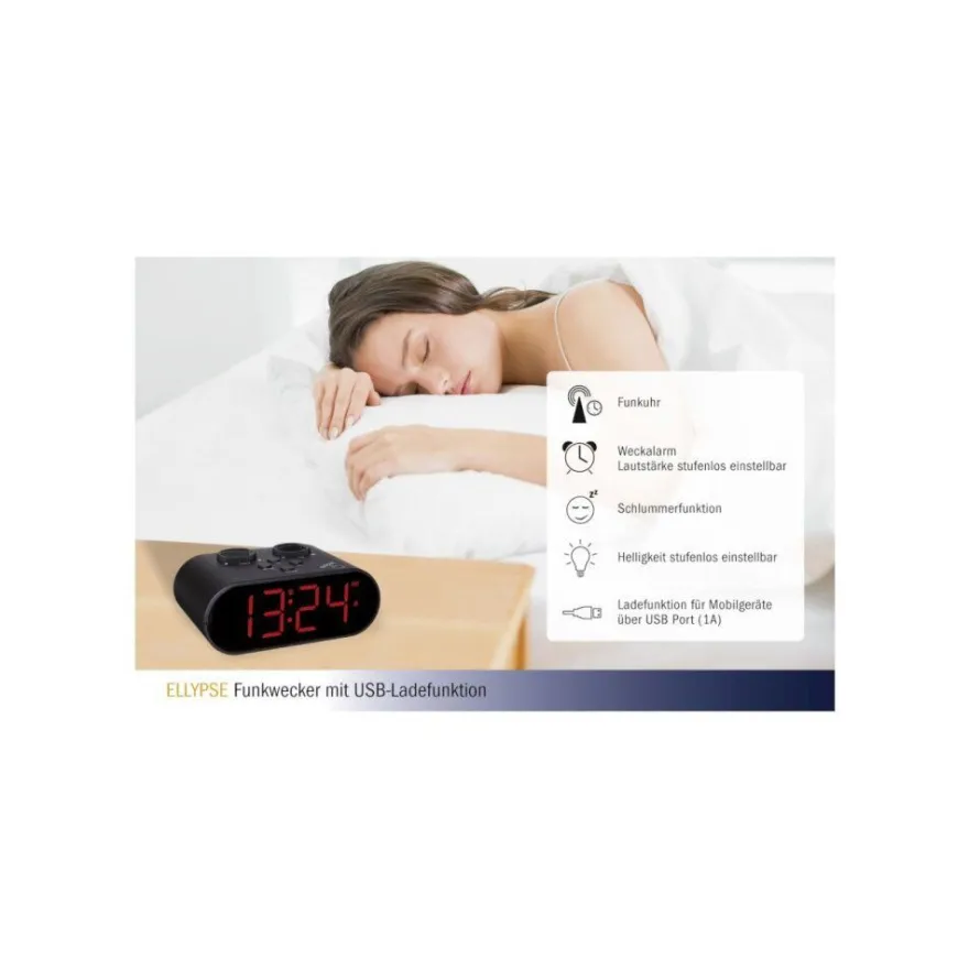 TFA - Digitaler Funk-Wecker mit USB-Ladefunktion Ellypse 60.2551.01 - schwarz