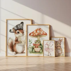 Tiere Kinderzimmer Süß Aquarell Hase Schaf Schildkröte Eichhörnchen Poster