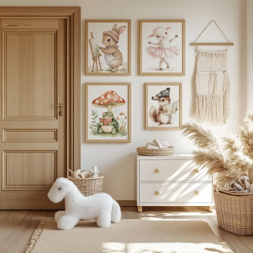 Tiere Kinderzimmer Süß Aquarell Hase Schaf Schildkröte Eichhörnchen Poster