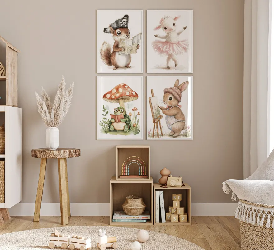 Tiere Kinderzimmer Süß Aquarell Hase Schaf Schildkröte Eichhörnchen Poster