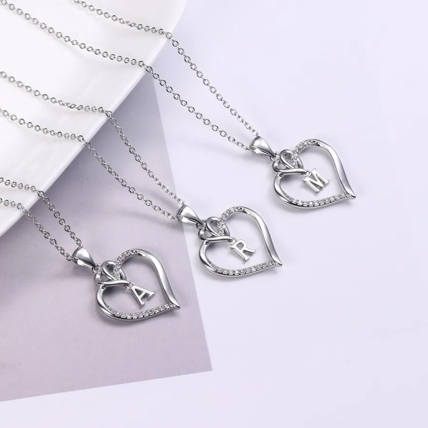 TINGN 14K Gold/Weißgold Herz Anhänger Halskette Zirkonia Buchstaben Kette Silber