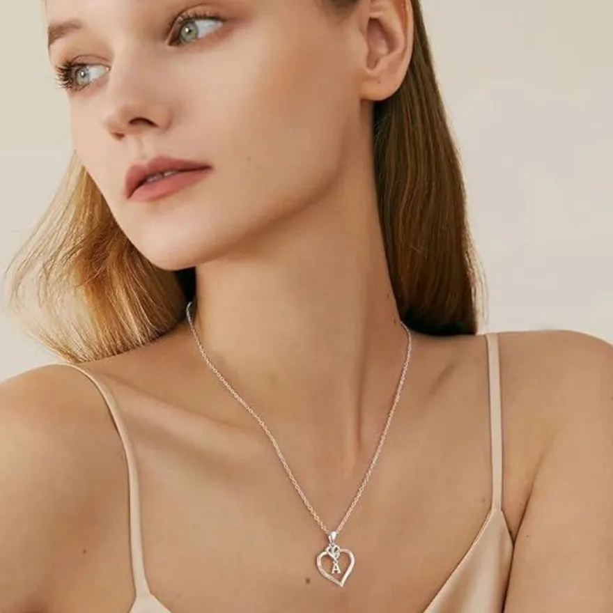 TINGN 14K Gold/Weißgold Herz Anhänger Halskette Zirkonia Buchstaben Kette Silber