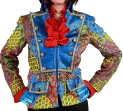 tolle Karnevalsjacke Damen kurz blau/türkis/bunt Fantasiemuster Gr. S-XXL Kostüm