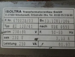Transformator EI 120 / 41 Trafo pri. 230V + / - 5% sek. 230V 250 VA T8/109