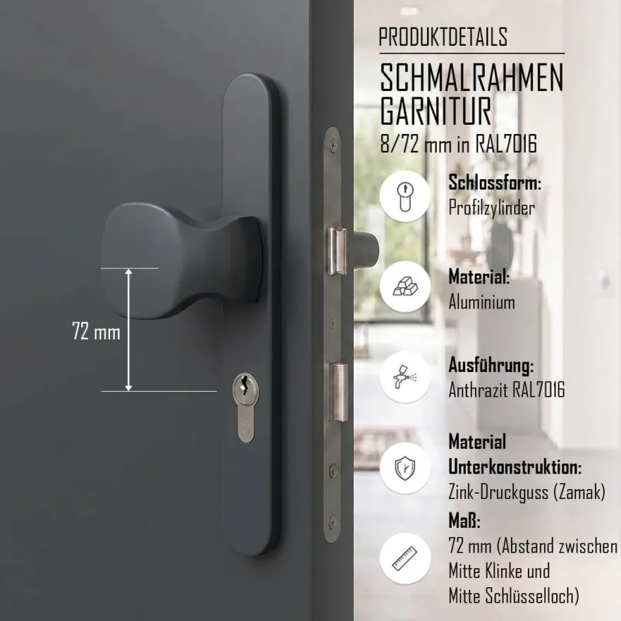 Türdrücker Langschild Schmalrahmen RAL7016 Anthrazit 8-72mm Wechselgarnitur