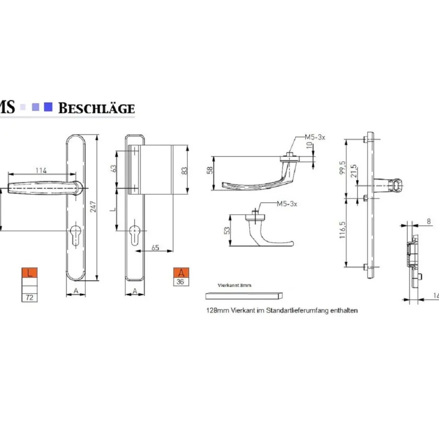 Türdrücker Langschild Schmalrahmen RAL7016 Anthrazit 8-72mm Wechselgarnitur