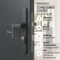 Türdrücker Langschild Schmalrahmen RAL7016 Anthrazit 8-72mm Wechselgarnitur