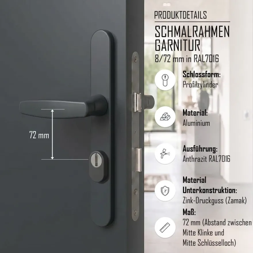 Türdrücker Langschild Schmalrahmen RAL7016 Anthrazit 8-72mm Wechselgarnitur