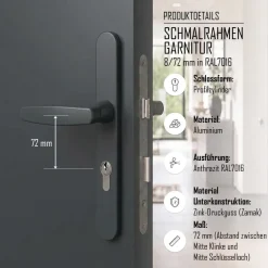 Türdrücker Langschild Schmalrahmen RAL7016 Anthrazit 8-72mm Wechselgarnitur