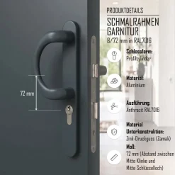 Türdrücker Langschild Schmalrahmen RAL7016 Anthrazit 8-72mm Wechselgarnitur
