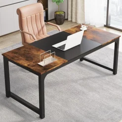 Tribesigns Schreibtisch 160x80 cm, 2er-Pack, Rustikales Braun Schwarz, Stabile