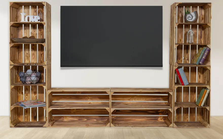 TV-Board Steven mit hohen Regalkisten Lowboard TV Wand Wohnwand Holz Fernseh Ferns