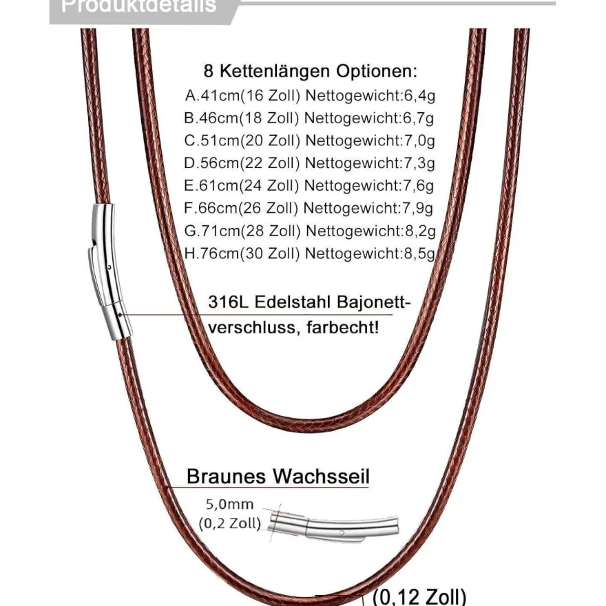U7 Geflochtene Wachsschur Kette für Damen und Herren, 2mm/3mm, Braun, 66cm
