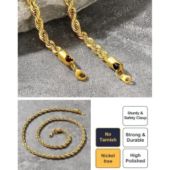 U7 Klassische Kordelkette für Damen und Herren, Edelstahl 18k vergoldet, 3mm