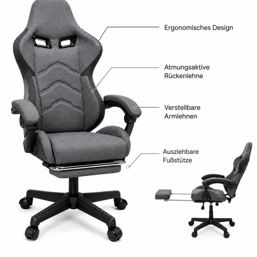 VARR Brooklands Gaming-Stuhl Fußstütze Kopf- und Lendenkissen Grau Schwarz