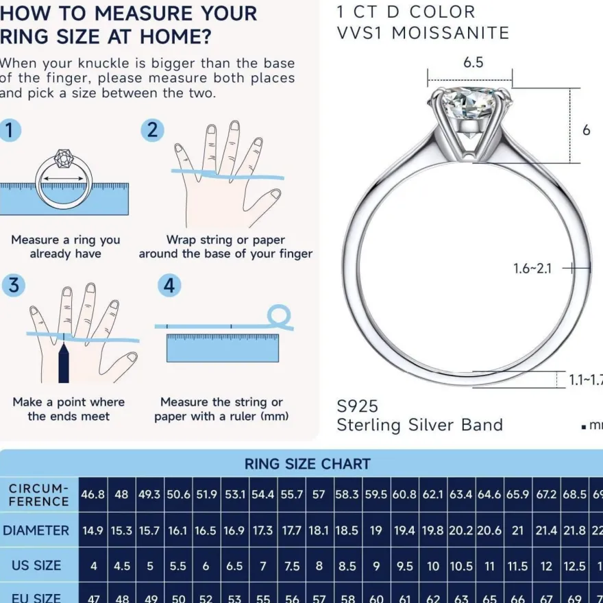 Verlobungsring Damen 1-2 Karat Moissanite Solitär 925 Silber D VVS1 Box