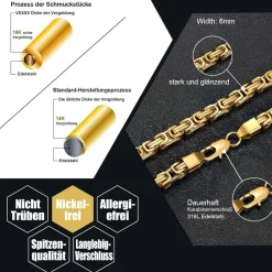 VEXXS Herren Königskette 4/6mm, 18K Gold beschichtet, Edelstahl, Byzantinische
