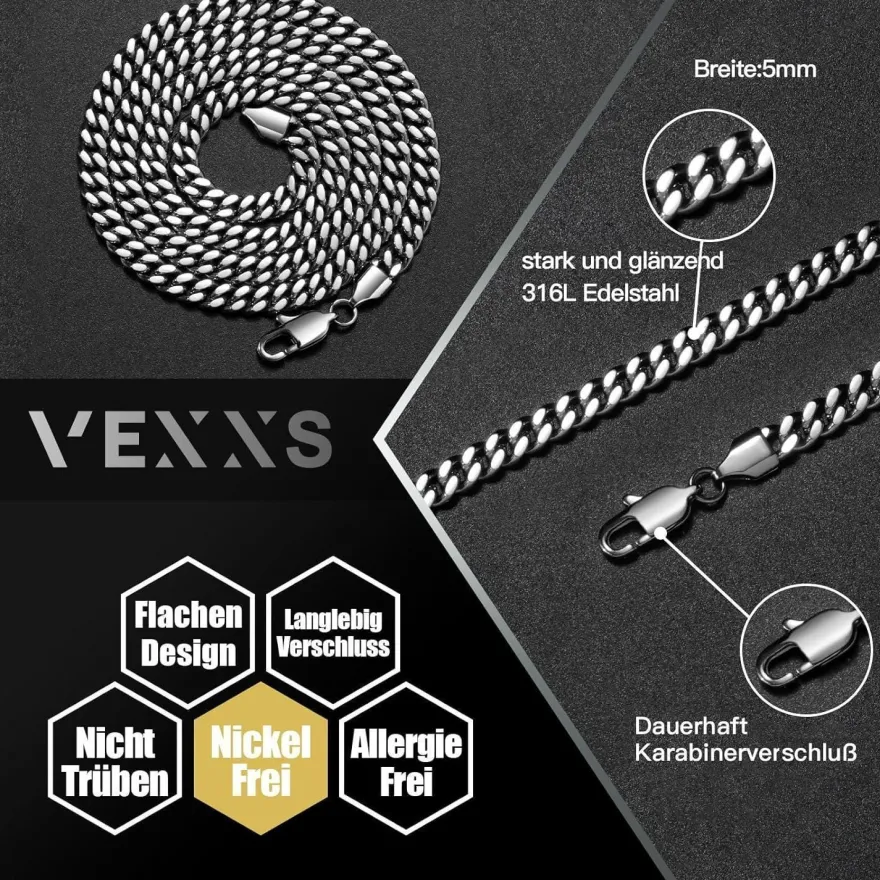 VEXXS Herren Panzerkette Kubanisch 18 Karat Vergoldet Edelstahl 4/5/6mm
