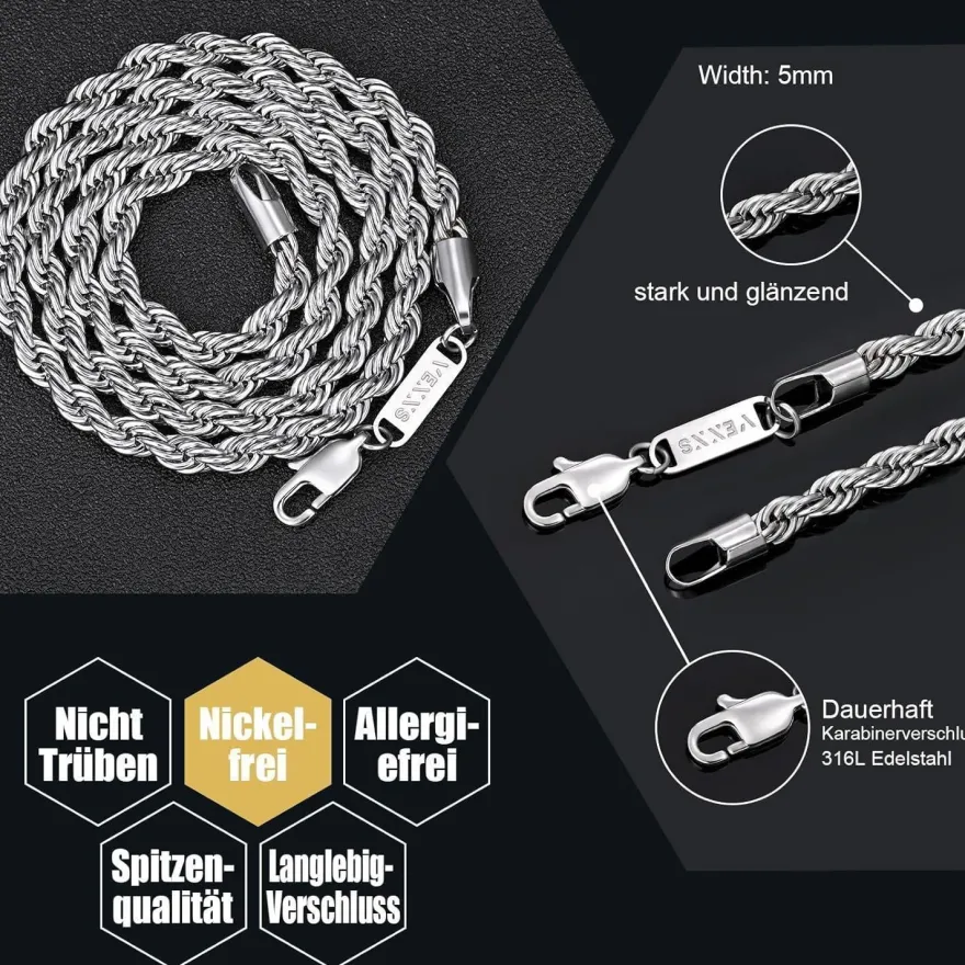 VEXXS Kordelkette Herren vergoldet 3/4/5mm Edelstahl Halskette