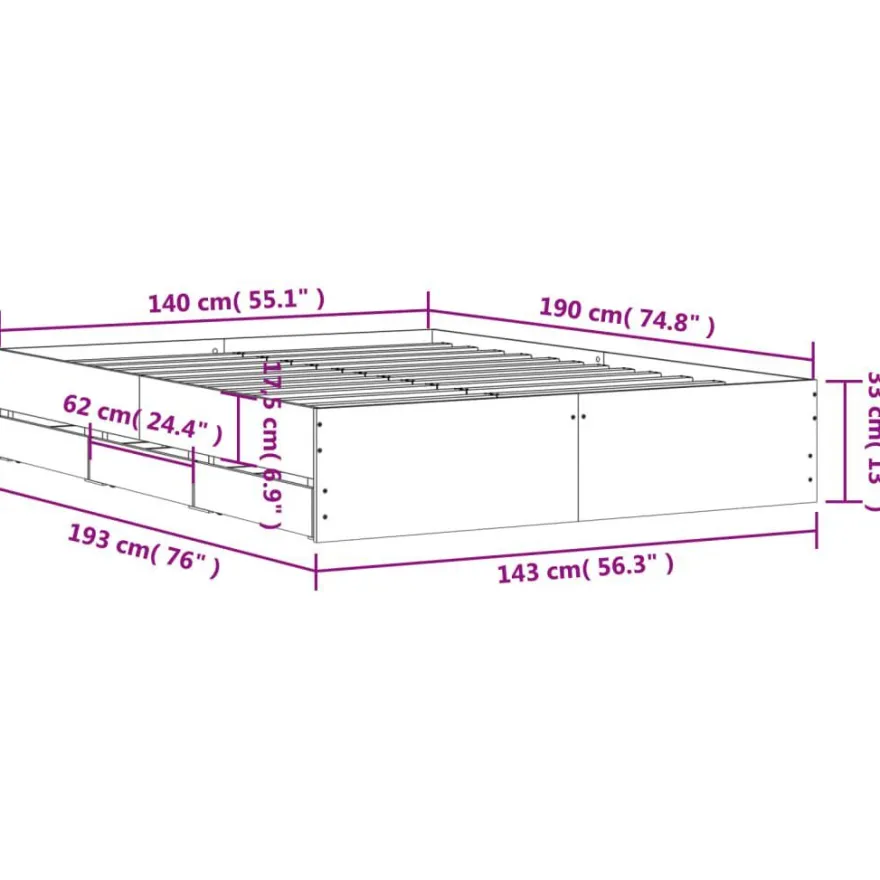 vidaXL Bettgestell mit Schubladen Sonoma-Eiche 140x190cm Holzwerkstoff