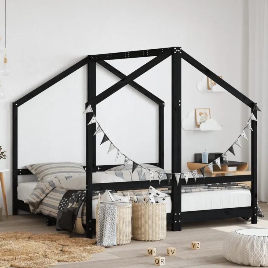 vidaXL Kinderbett Schwarz 2x(80x160) cm Massivholz Kiefer