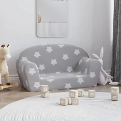 vidaXL Kindersofa 2-Sitzer Hellgrau mit Sternen Weich Plüsch