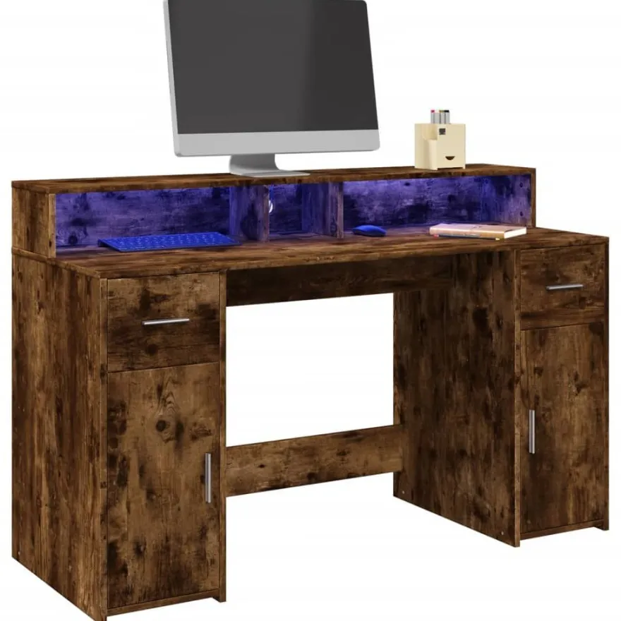 vidaXL LED-Schreibtisch Räuchereiche 140x55x91 cm Holzwerkstoff